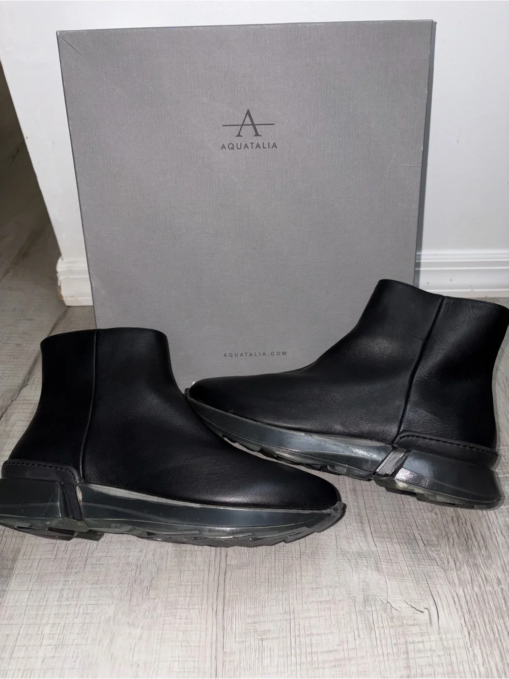 Aquatalia Black Leather Ankle Booties with Clear Cushioned Sole